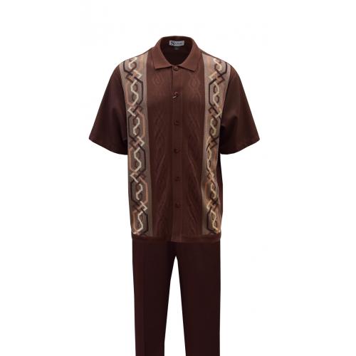 Silversilk Brown / Camel / Peach Abstract Design Short Sleeve Knitted Outfit 4128